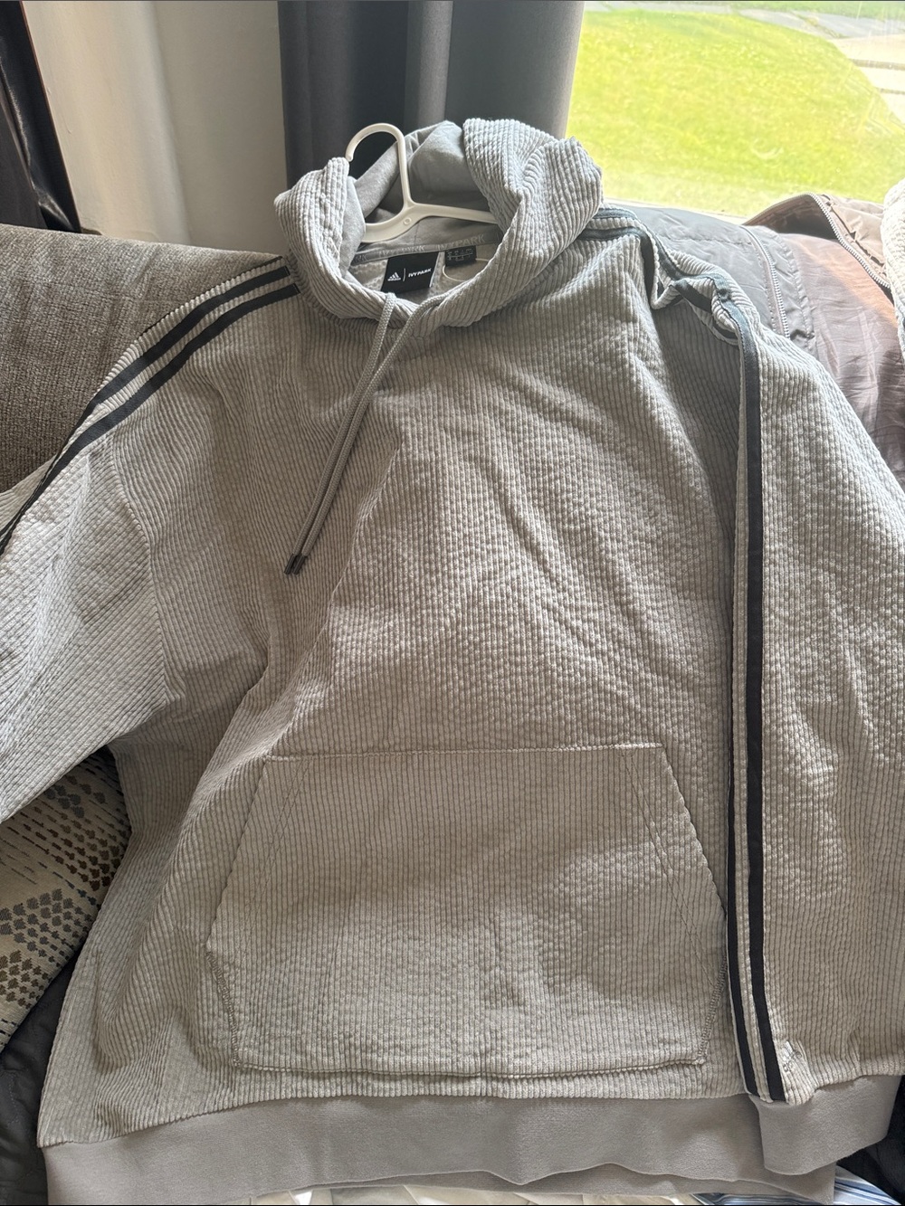 IVY PARK Adidas Gray Waffle-Knit corduroy Hoodie with Black Stripe